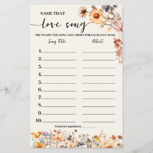 Autumn Wildflowers Name Love Song Shower Game Card Flyer