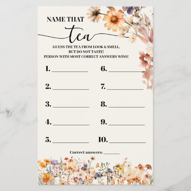 Autumn Wildflowers Name that Tea Shower Game Card Flyer (Front)