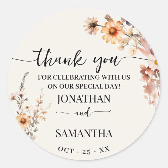 Autumn Wildflowers Thank you Wedding Favor Classic Round Sticker (Front)
