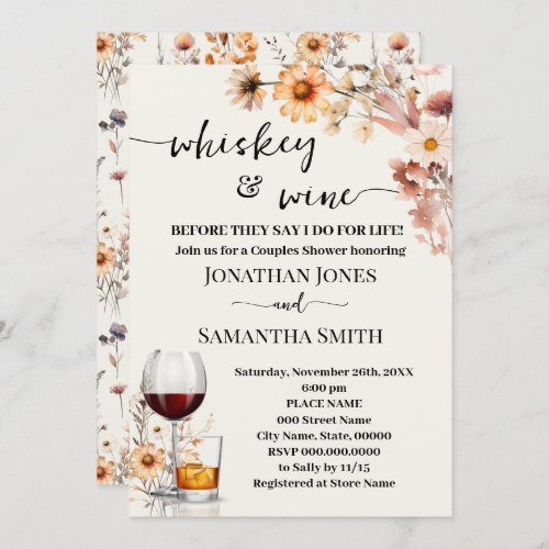 Autumn Wildflowers Whiskey and Wine Couples Shower Invitation