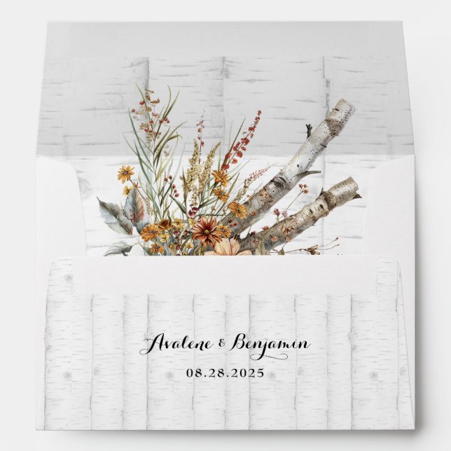 Autumn Wildflowers White Birch Tree Wedding Envelope (Back (Bottom))