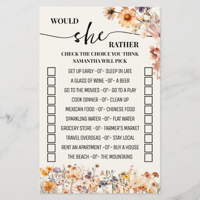 Autumn Wildflowers Would She Rather Shower Game Flyer (Front)
