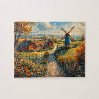 Autumn Windmill Farm Cottage Flower Path Jigsaw Puzzle