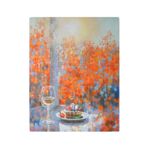 Autumn Window with Wine and Dessert Metal Print
