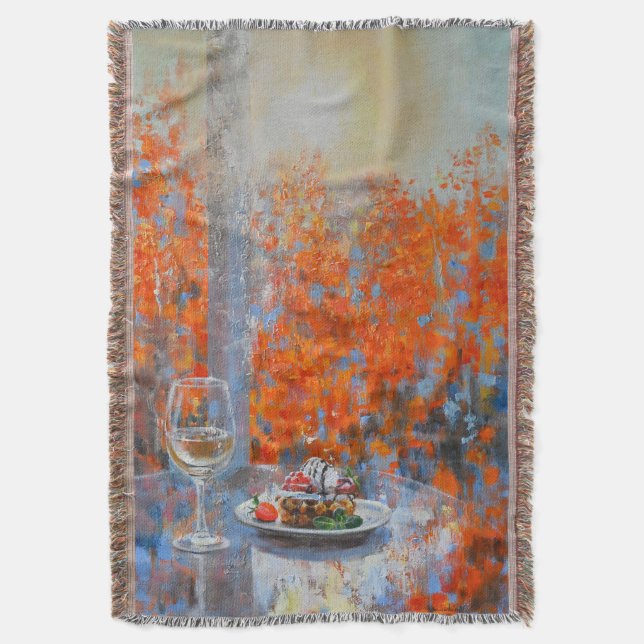 Autumn Window with Wine and Dessert Throw Blanket (Front Vertical)