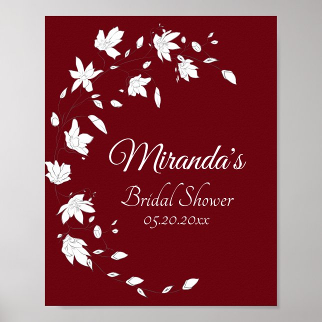 Autumn Wine & White Floral Bridal Shower Sign (Front)