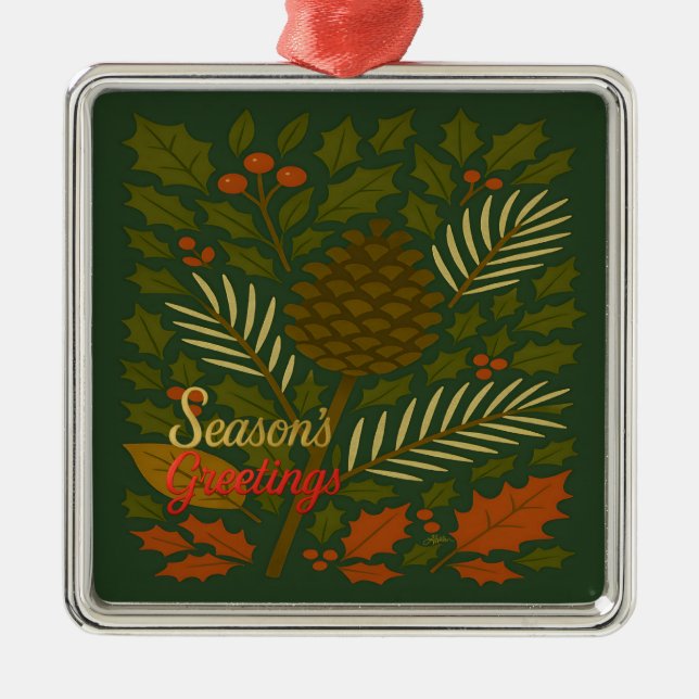 Autumn & Winter Mid Century Season's Greetings Metal Ornament (Front)