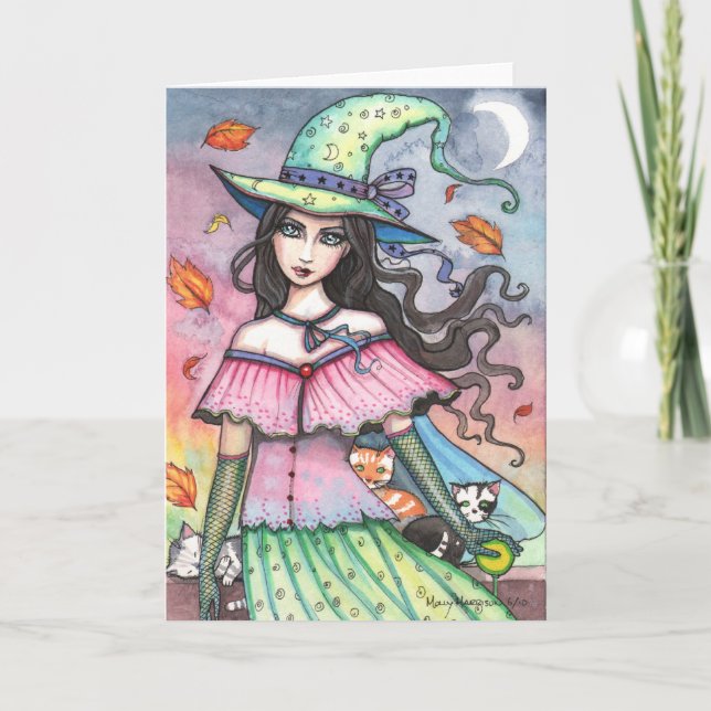 Autumn Witch and 3 Cats Card (Front)