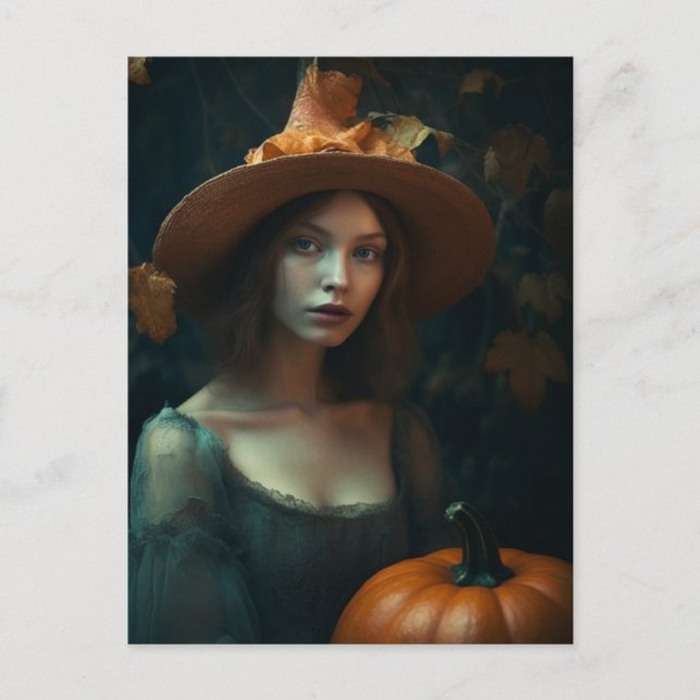 Autumn Witch and Pumpkin Postcard (Front)