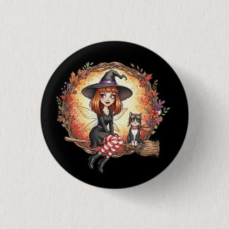 Autumn Witch Fairy with Black Cat Button