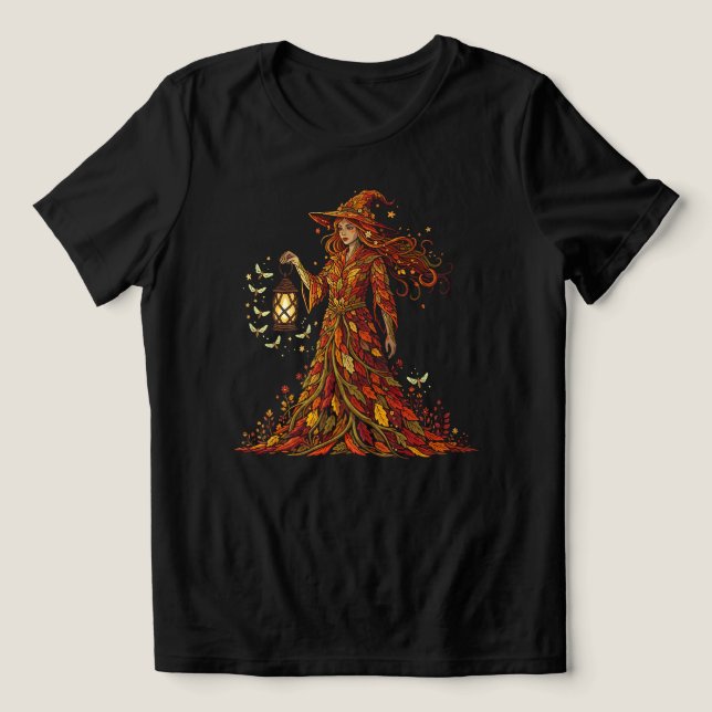 Autumn Witch with Lantern Fall Vibes Tri-Blend Shirt (Design Front)