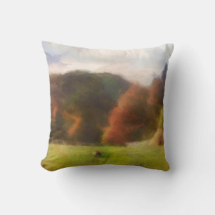 Autumn With Mountain Fox And Haystack Watercolor Throw Pillow