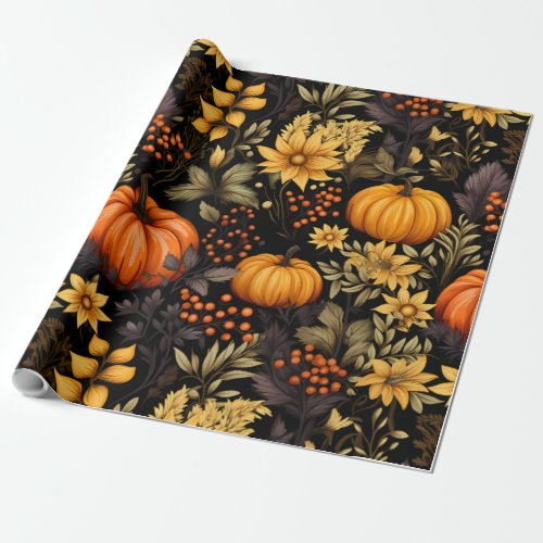 Autumn with sunflowers pumpkins and boho Florals Wrapping Paper