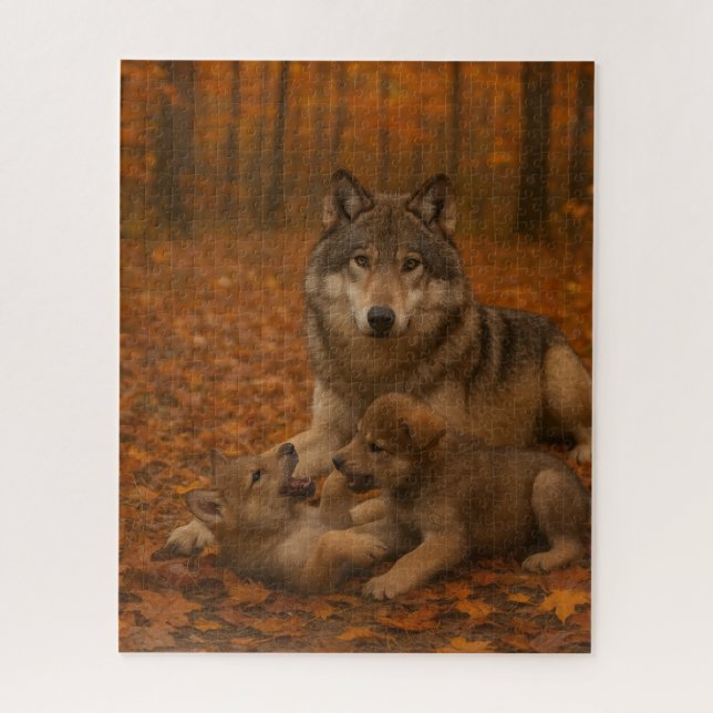 Autumn Wolf Family Playful Pups in the Fall Forest Jigsaw Puzzle (Vertical)