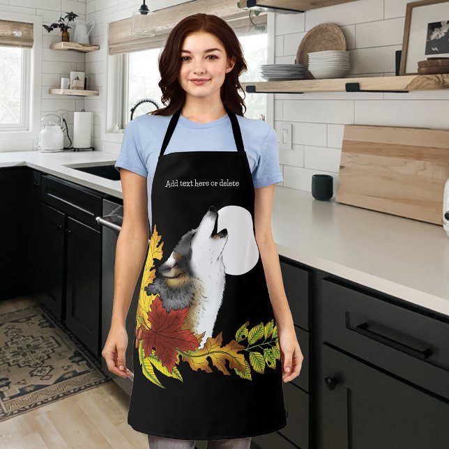 Autumn Wolf Howling Moon Black Apron (Creator Uploaded)