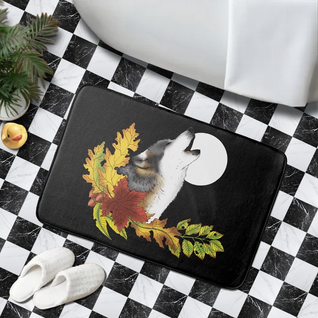 Autumn Wolf Howling Moon Black Bath Mat (Creator Uploaded)