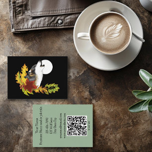 Autumn Wolf Howling Moon Black Business Card