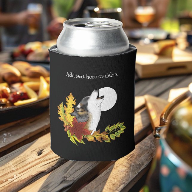 Autumn Wolf Howling Moon Black Can Cooler (Creator Uploaded)