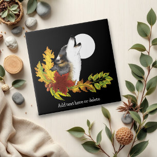 Autumn Wolf Howling Moon Black Ceramic Tile