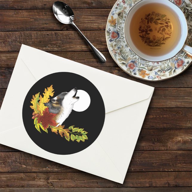 Autumn Wolf Howling Moon Black Classic Round Sticker (Creator Uploaded)