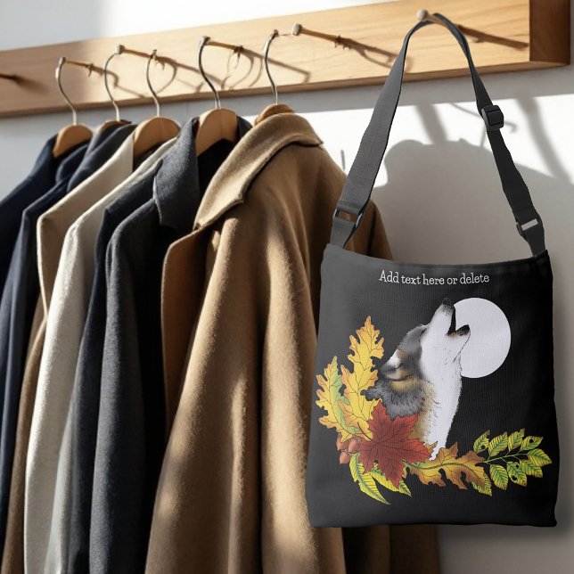 Autumn Wolf Howling Moon Black Crossbody Bag (Creator Uploaded)
