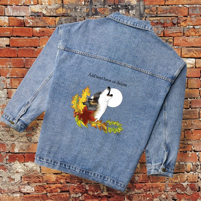 Autumn Wolf Howling Moon Black Denim Jacket (Creator Uploaded)