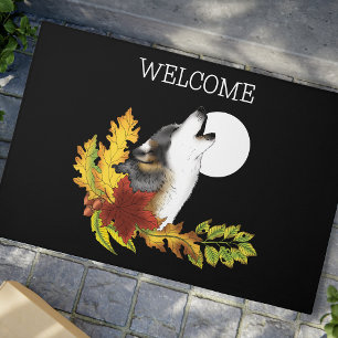 Autumn Wolf Howling Moon Black Doormat