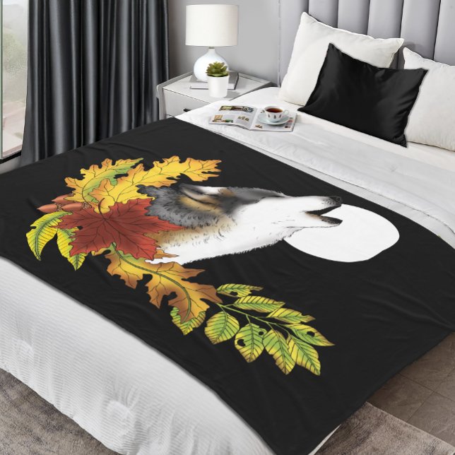 Autumn Wolf Howling Moon Black Fleece Blanket (Creator Uploaded)
