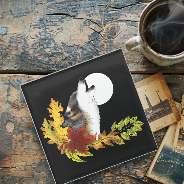 Autumn Wolf Howling Moon Black Glass Coaster (Creator Uploaded)
