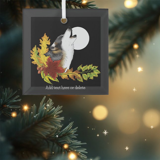 Autumn Wolf Howling Moon Black Glass Ornament (Creator Uploaded)