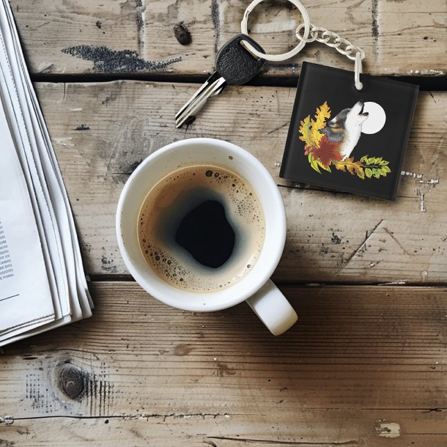 Autumn Wolf Howling Moon Black Keychain (Creator Uploaded)