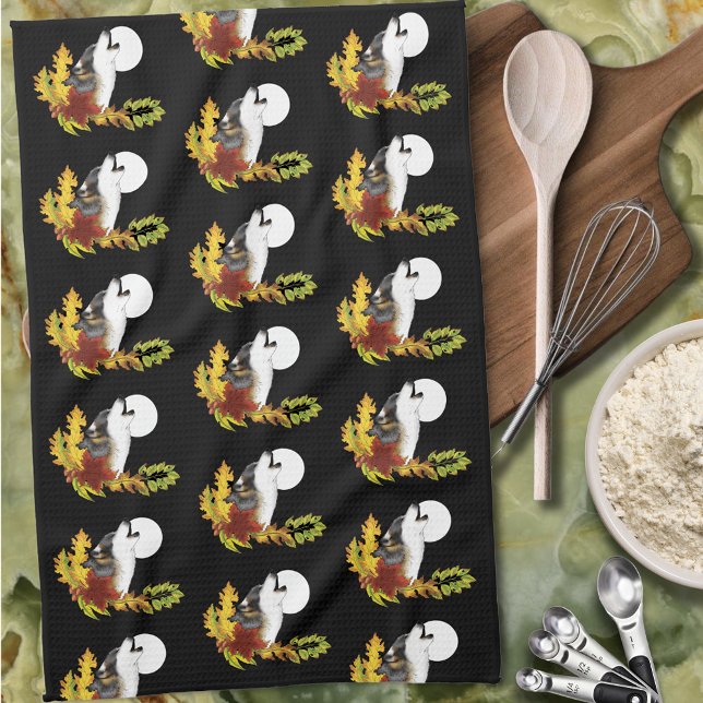 Autumn Wolf Howling Moon Black Kitchen Towel (Creator Uploaded)