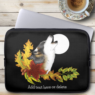 Autumn Wolf Howling Moon Black Laptop Sleeve