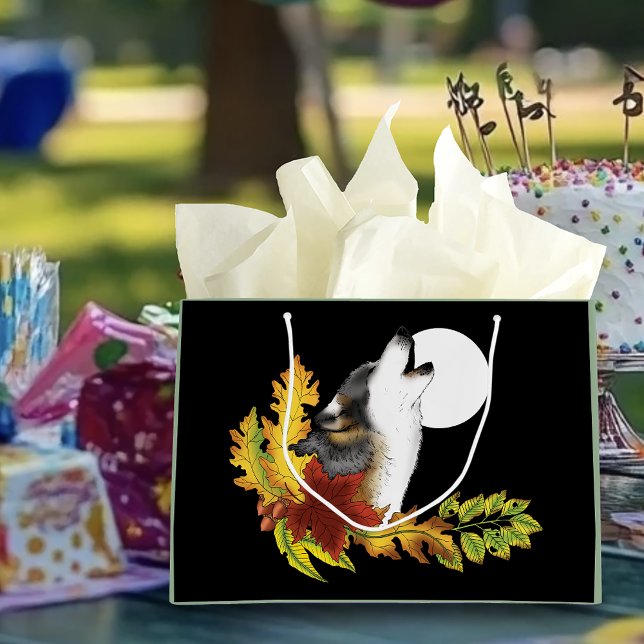 Autumn Wolf Howling Moon Black Large Gift Bag (Creator Uploaded)