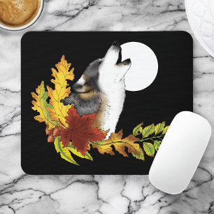 Autumn Wolf Howling Moon Black Mouse Pad