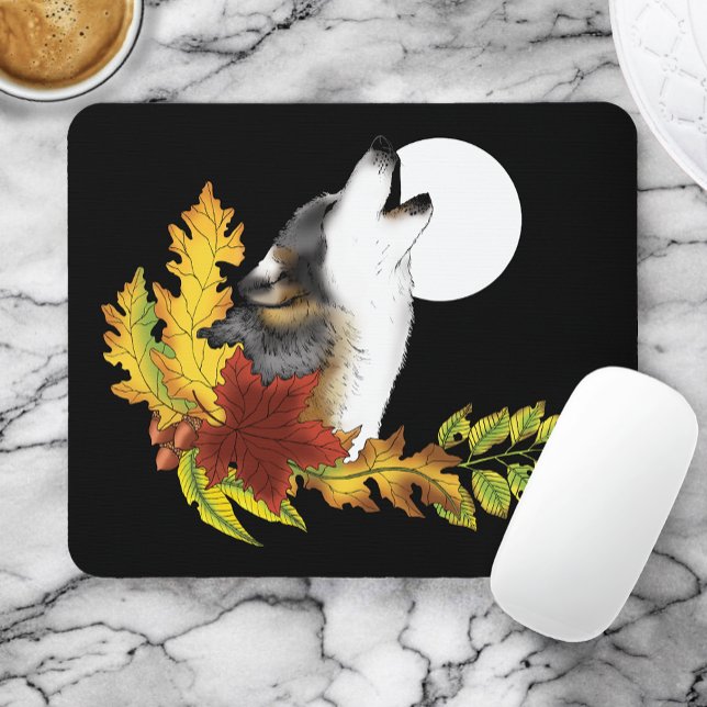 Autumn Wolf Howling Moon Black Mouse Pad (Creator Uploaded)