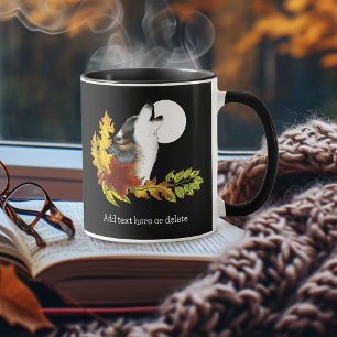 Autumn Wolf Howling Moon Black Mug
