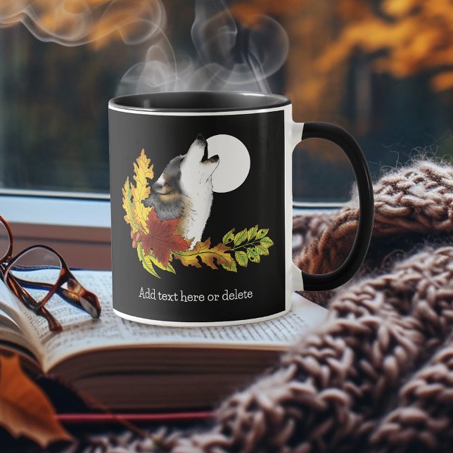 Autumn Wolf Howling Moon Black Mug (Creator Uploaded)