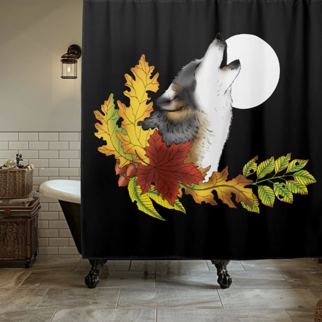 Autumn Wolf Howling Moon Black Shower Curtain (Creator Uploaded)