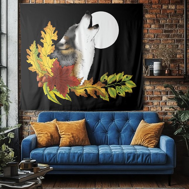 Autumn Wolf Howling Moon Black Tapestry (Creator Uploaded)
