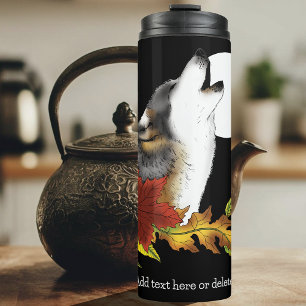 Autumn Wolf Howling Moon Black Thermal Tumbler