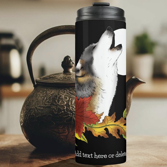 Autumn Wolf Howling Moon Black Thermal Tumbler (Creator Uploaded)
