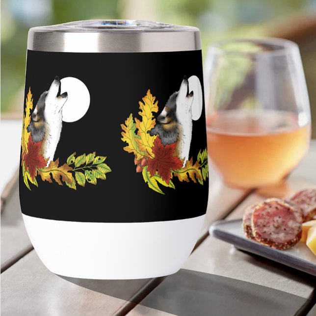 Autumn Wolf Howling Moon Black Thermal Wine Tumbler (Creator Uploaded)