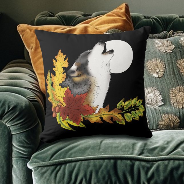 Autumn Wolf Howling Moon Black Throw Pillow (Creator Uploaded)