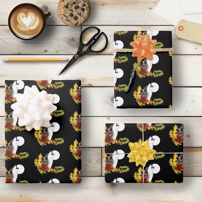 Autumn Wolf Howling Moon Black Wrapping Paper Sheets (Creator Uploaded)