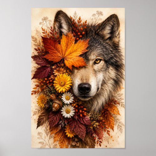 Autumn Wolf Wildlife Floral Illustration Portrait Poster