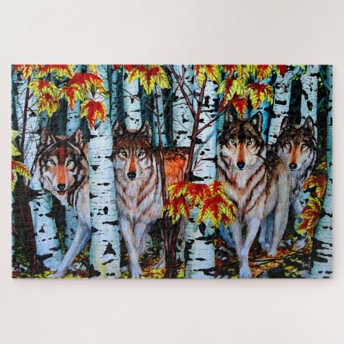 Autumn wolves wolves in aspen trees at sunset jigsaw puzzle