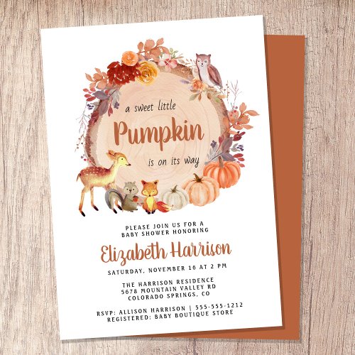 Autumn Woodland Animals Pumpkin Baby Shower Invitation