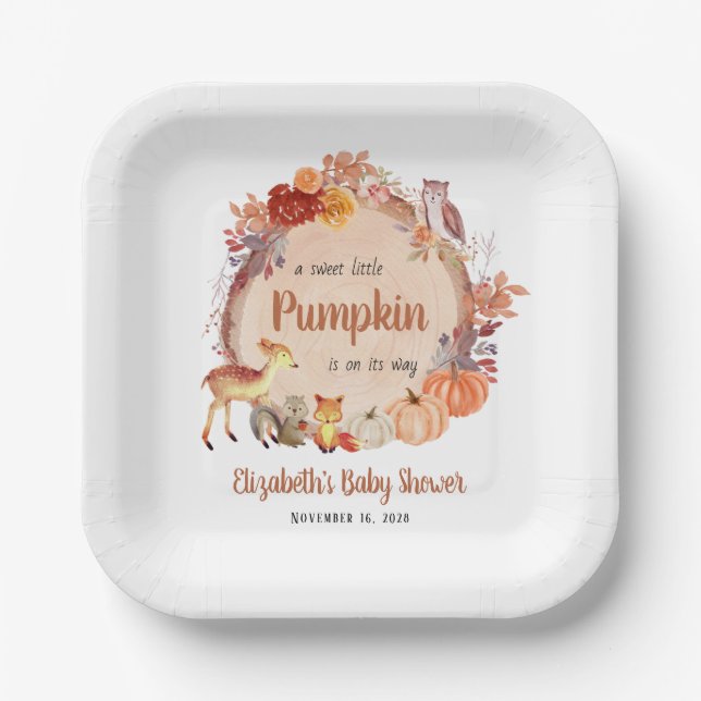 Autumn Woodland Animals Pumpkin Baby Shower Paper Plates (Front)