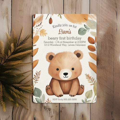 Autumn Woodland Baby Bear Watercolor 1st Birthday Invitation